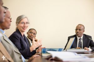 Deaconess Sandra Rhein introduces herself at a hymnal committee meeting at the Mekane Yesus Seminary in Addis Ababa, Ethiopia, on Tuesday, Nov. 11, 2014. LCMS Communications/Erik M. Lunsford