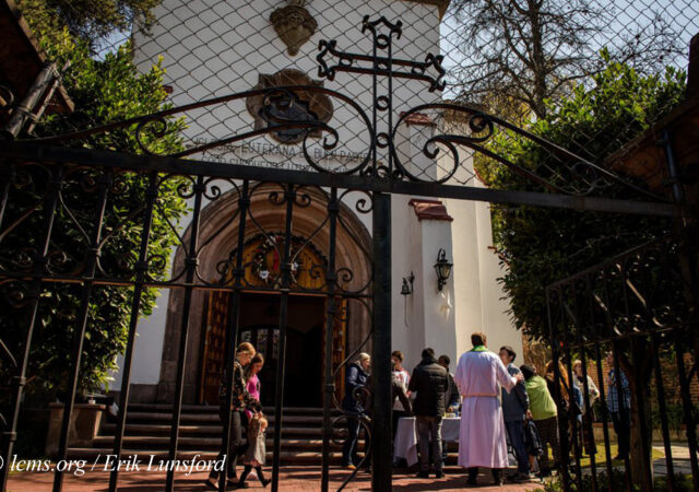 Church members and visitors gather for fellowship following worship at the Lutheran Church of The Good Shepherd on Sunday, Jan. 15, 2017, in Mexico City. LCMS Communications/Erik M. Lunsford
