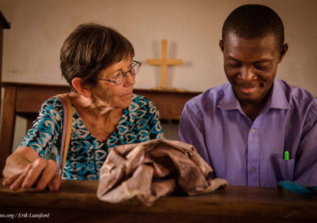 Valerie Stonebreaker, LCMS missionary to Togo, confers with Vicar Djekoab Yantchiemaen following Bible study at the Lutheran Church of Togo in Lokpano on Monday, Feb. 13, 2017, in Lokpano, Togo. Yantchiemaen graduated at the Lutheran Center for Theological Studies (CLET) in Dapaong. LCMS Communications/Erik M. Lunsford