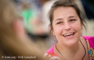 Deaconess Katie Ziegler Weber, a missionary in the Dominican Republic, chats with participants at the 36th Biennial Convention of the Lutheran Women's Missionary League on Friday, June 26, 2015, at the Iowa Events Center in Des Moines, Iowa. LCMS Communications/Erik M. Lunsford