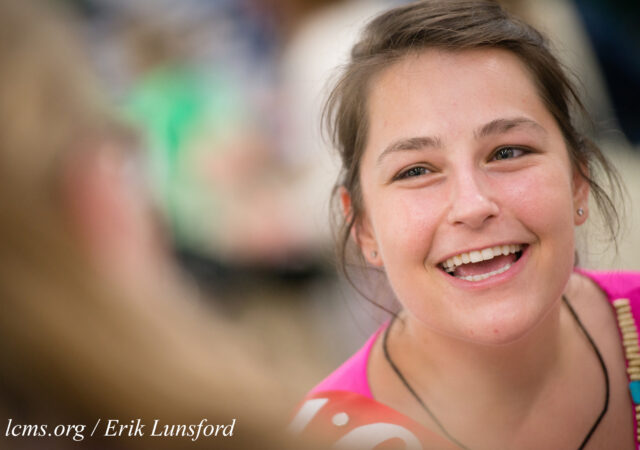 Deaconess Katie Ziegler Weber, a missionary in the Dominican Republic, chats with participants at the 36th Biennial Convention of the Lutheran Women's Missionary League on Friday, June 26, 2015, at the Iowa Events Center in Des Moines, Iowa. LCMS Communications/Erik M. Lunsford