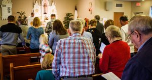 Parishioners and guests attend worship at St. Paul Lutheran Church-Dewberry on Sunday, April 10, 2016, in Cross Plains, Ind. LCMS Communications/Erik M. Lunsford