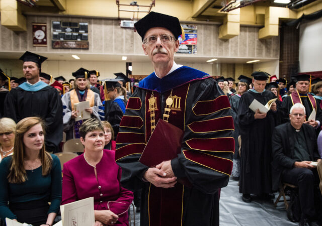 The Rev. Dr. Daniel Lee Gard, president of Concordia University Chicago, walks in a procession at the beginning of his inauguration at the college in River Forest, Ill., on Friday, Oct. 10, 2014. LCMS Communications/Erik M. Lunsford