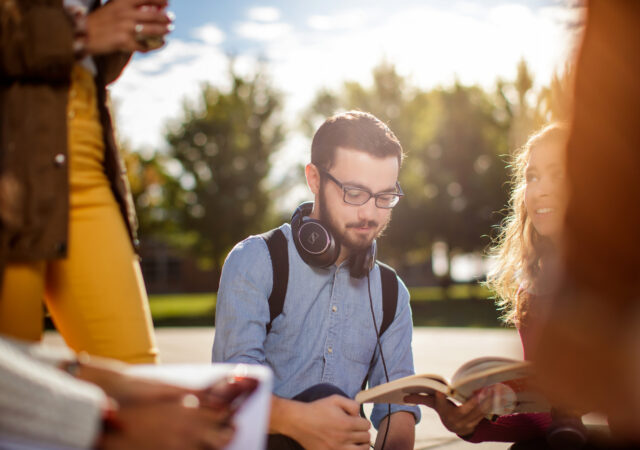 Photo caption: Mitchell Newhouse studies with friends on the Concordia University Wisconsin campus. The image is one of many scenes captured as part of Concordia’s new brand launch.