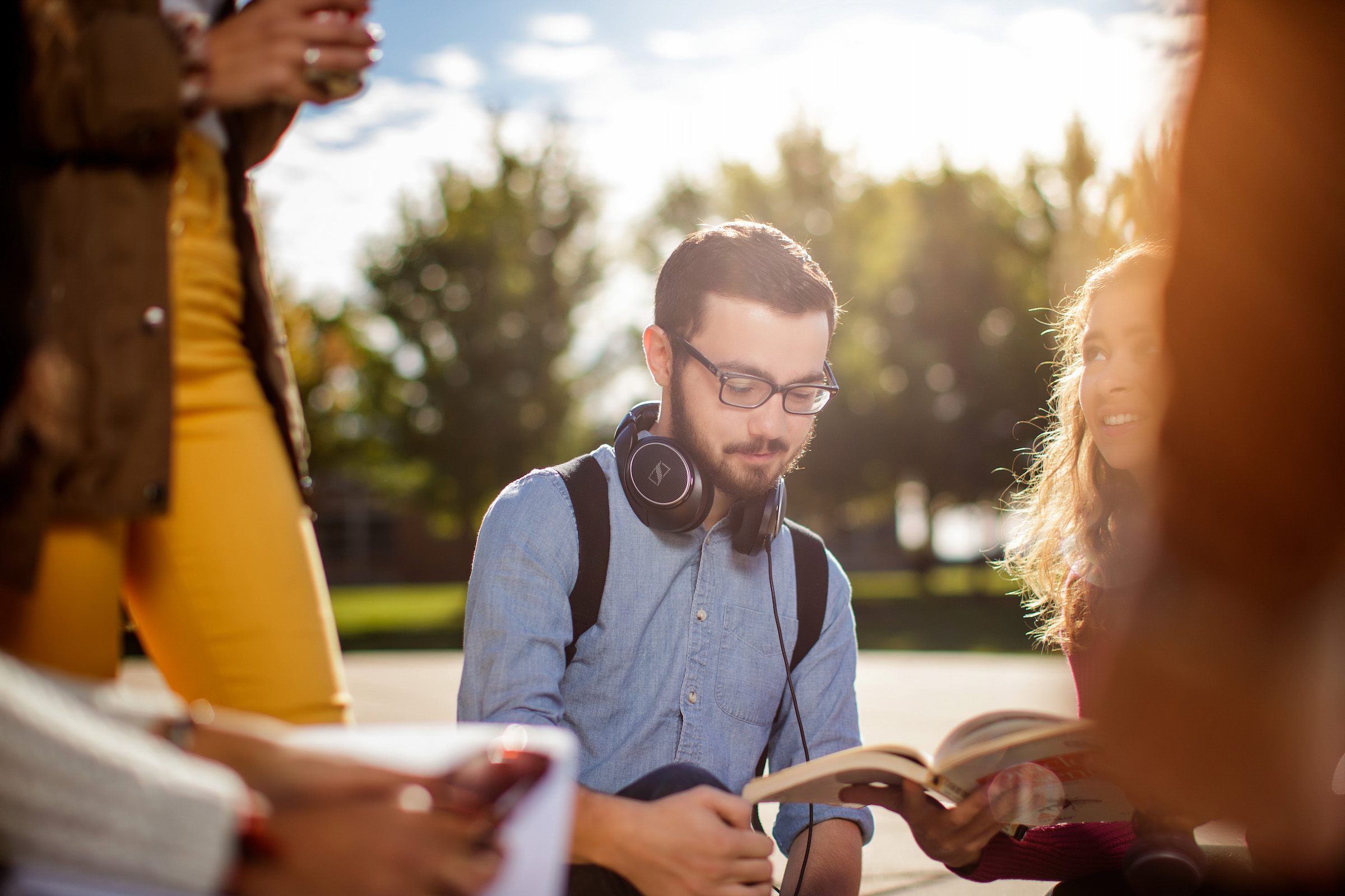 Photo caption: Mitchell Newhouse studies with friends on the Concordia University Wisconsin campus. The image is one of many scenes captured as part of Concordia’s new brand launch.