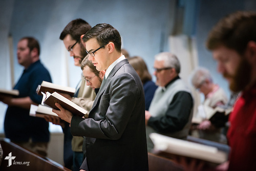 Seminarian Jacob Benson sings during worship at Kramer Chapel at Concordia Theological Seminary, Fort Wayne, Ind., on Wednesday, April 1, 2015. LCMS Communications/Erik M. Lunsford