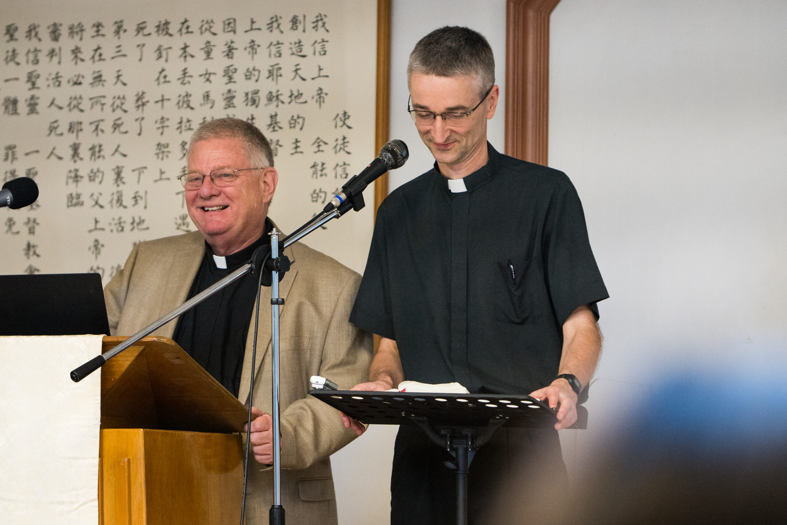 Rev. John T. Pless and Rev. Dr. Michael Paul at Salvation Lutheran Church in Chiayi, Taiwan, presenting on Luther's Small Catechism. LCMS COMMUNICATIONS / Johanna Heidorn