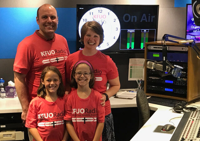 Picture: Rev. Michael and Katie Schuermann visit the KFUO Studios with their goddaughters Olivia and Lydia Brown. Used with permission.