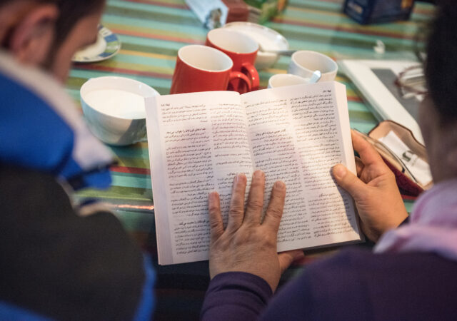 Christian refugees read from a translated Bible during a Bible study on Friday, Nov. 13, 2015, near the Evangelisch-Lutherische St. Trinitatisgemeinde, a SELK Lutheran church in Leipzig, Germany. LCMS Communications/Erik M. Lunsford