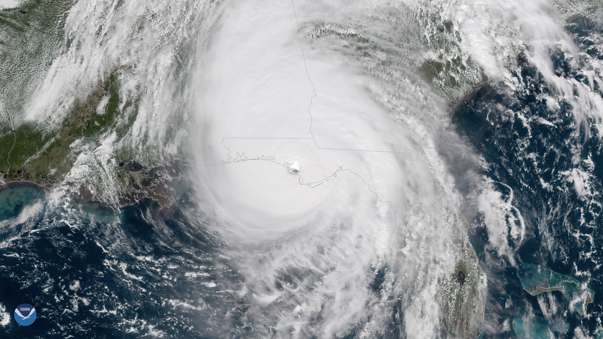 Satellite image of Hurricane Michael making landfall. NOAA Environmental Visualization Laboratory.