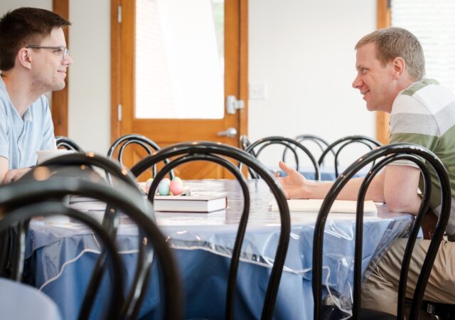 Logan Jahnke (left), who was at Mount Calvary Lutheran Church, Warner Robins, Ga., meets with the Rev. Gregory Michael, pastor at Christus Victor Lutheran Church and Student Center, Athens, Ga., for instruction on April 25, 2019, in Athens. LCMS Communications/Erik M. Lunsford