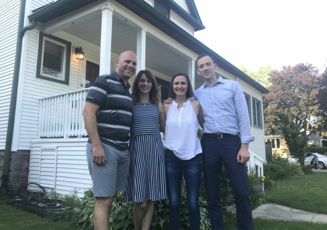 From left: Pastor Matthew Hoffman and his wife, Anne, join Ellen and Ryan Totten outside the Hoffmans' Park Ridge home on July 1. Hoffman donated 60 percent of his liver to Ellen Totten. (Jennifer Johnson / Pioneer Press)