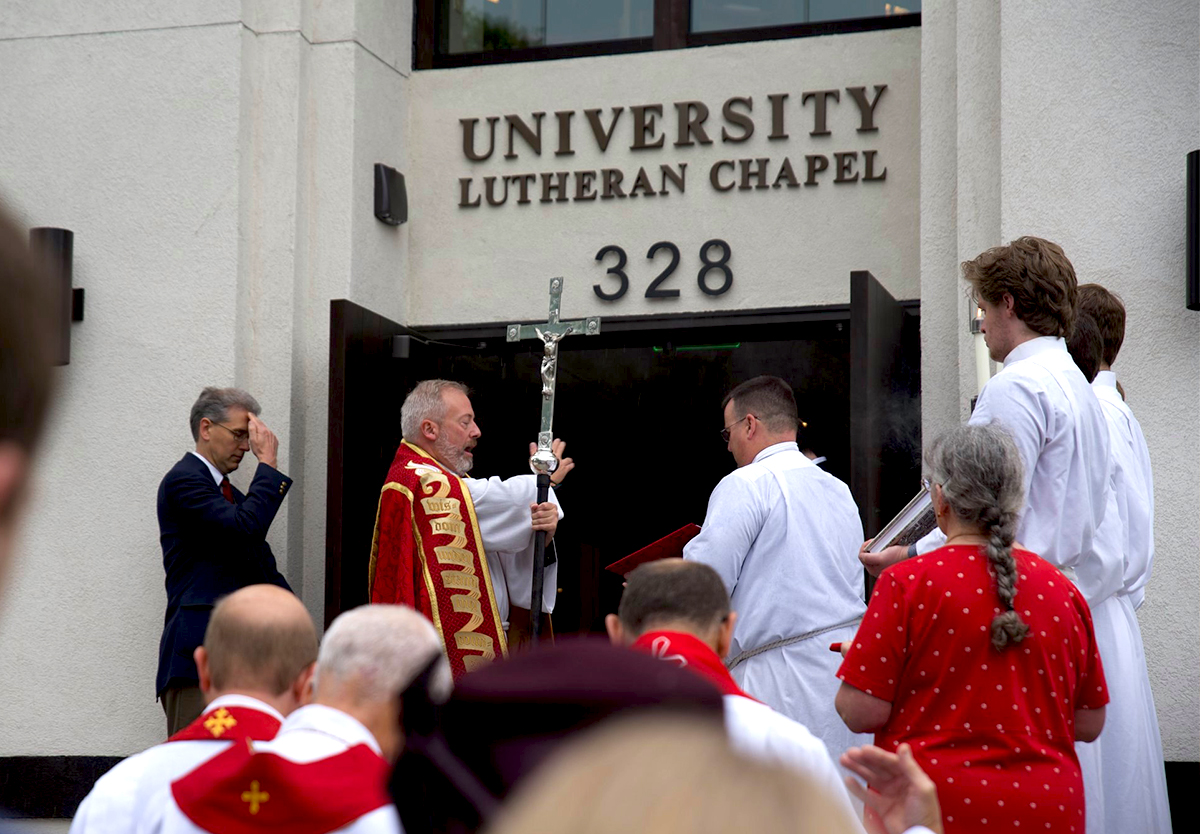 Rev. David Kind joins clergy and congregation at the dedication of the new University Lutheran Chapel in Minneapolis, Minnesota.