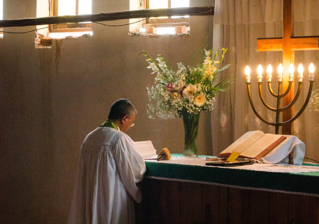 Fiangonana Loterana Malagasy Bishop David Rakotonirina leads worship at Ivato Lutheran Church in the capital city of Antananarivo in Madagascar, on Sunday, Feb. 9, 2014. LCMS Communications/Erik M. Lunsford