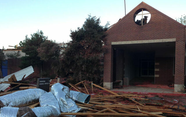 An Oct. 21 photo of Dallas Lutheran School displays damage from a tornado that struck the school on Oct. 20. (Dallas Lutheran School/Chris Wondoloski)