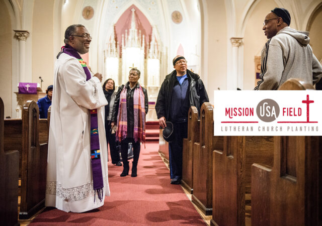 The Rev. Delwyn Campbell, national missionary to Gary, Ind., chats with parishioners following a Lenten service at St. John's Lutheran Church on Wednesday, April 5, 2017, in Gary. LCMS Communications/Erik M. Lunsford
