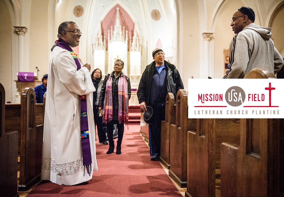 The Rev. Delwyn Campbell, national missionary to Gary, Ind., chats with parishioners following a Lenten service at St. John's Lutheran Church on Wednesday, April 5, 2017, in Gary. LCMS Communications/Erik M. Lunsford