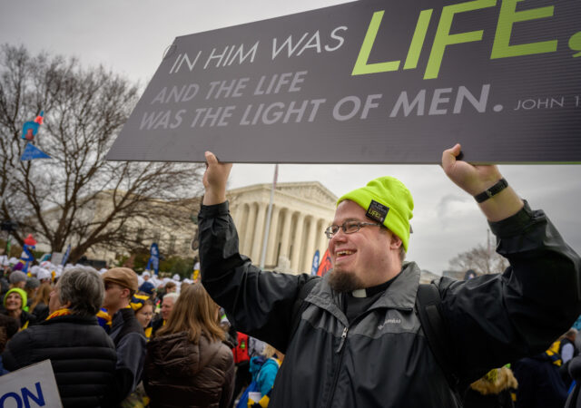 The Rev. John Zimmerman, pastor at Immanuel Lutheran Church, Scranton, Pa., and Saint John Lutheran Church, Pittston, Pa., rallies participants at the March for Life 2020 on Friday, Jan. 24, 2020, in Washington, D.C. LCMS Communications/Erik M. Lunsford