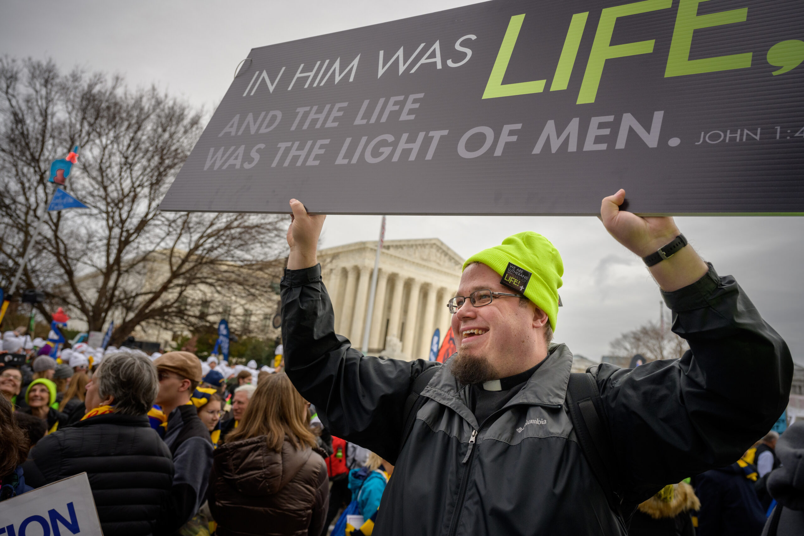 The Rev. John Zimmerman, pastor at Immanuel Lutheran Church, Scranton, Pa., and Saint John Lutheran Church, Pittston, Pa., rallies participants at the March for Life 2020 on Friday, Jan. 24, 2020, in Washington, D.C. LCMS Communications/Erik M. Lunsford