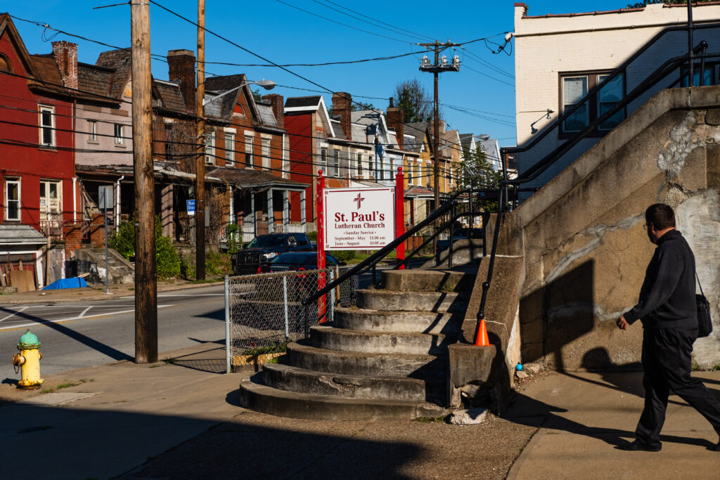 Vicar Timothy Kern of First Trinity Evangelical–Lutheran Church, Pittsburgh, walks through the Hazelwood neighborhood of Pittsburgh on Saturday, Oct. 5, 2019. LCMS Communications/Erik M. Lunsford