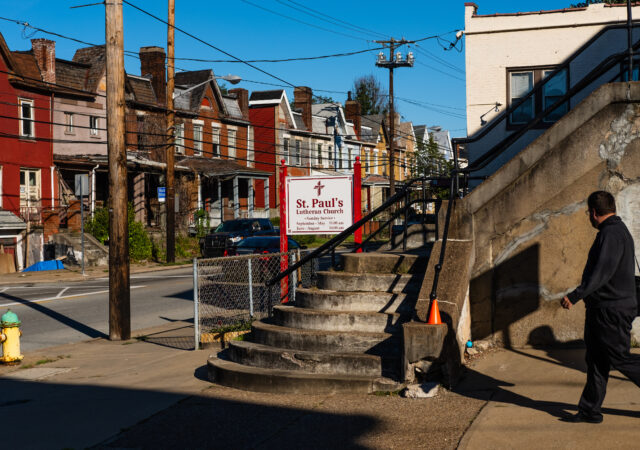 Vicar Timothy Kern of First Trinity Evangelical–Lutheran Church, Pittsburgh, walks through the Hazelwood neighborhood of Pittsburgh on Saturday, Oct. 5, 2019. LCMS Communications/Erik M. Lunsford