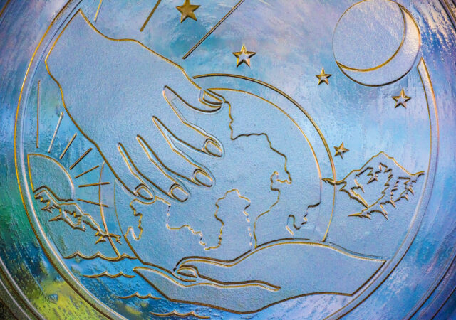 Stained glass relief depicting creation (Genesis 1:1) on Wednesday, Jan. 9, 2019, at Grace Lutheran Church, Grass Valley, Calif. LCMS Communications/Erik M. Lunsford