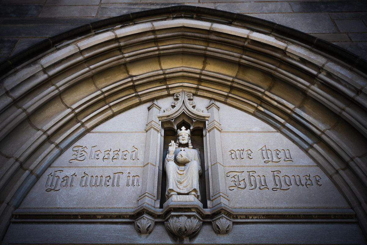 The stonework at the entrance to St. Johns Lutheran Church depicts Jesus Christ and the words “Blessed are they that dwell in thy house,” on Tuesday, April 21, 2020, in St. Louis. LCMS Communications/Erik M. Lunsford