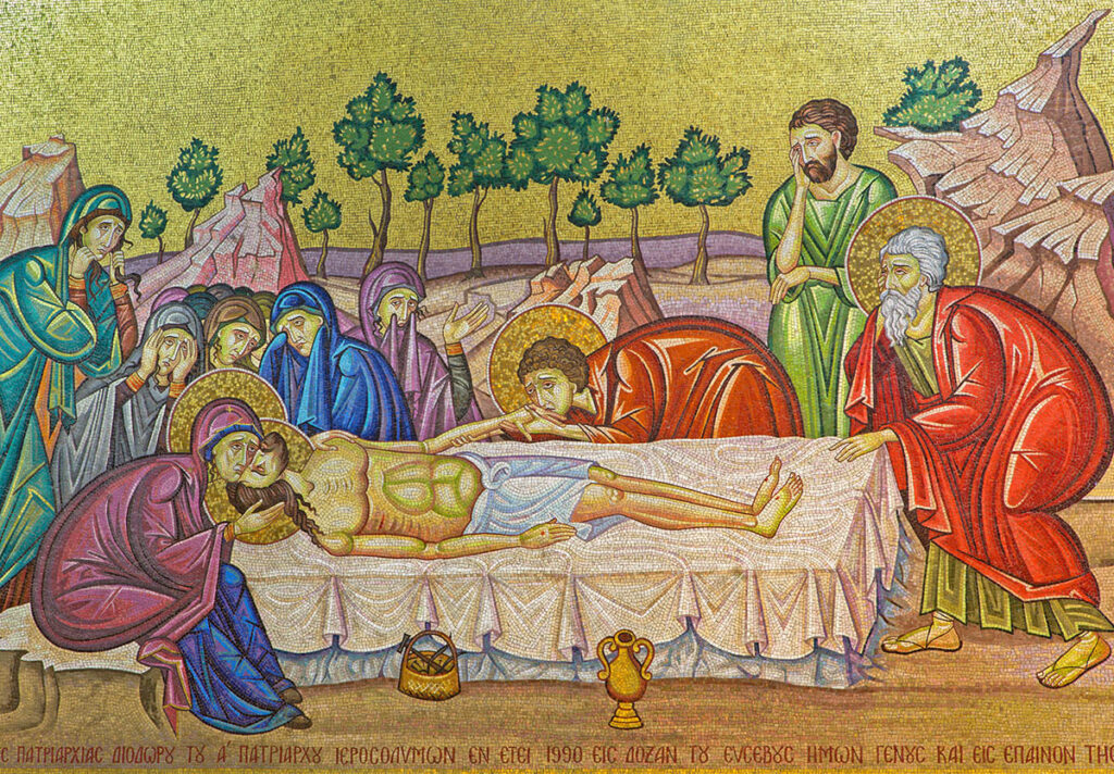 Jerusalem - The mosaic of Anointing scene over Stone of Anointing in Church of the Holy Sepulchre by italian artists of 70s years.