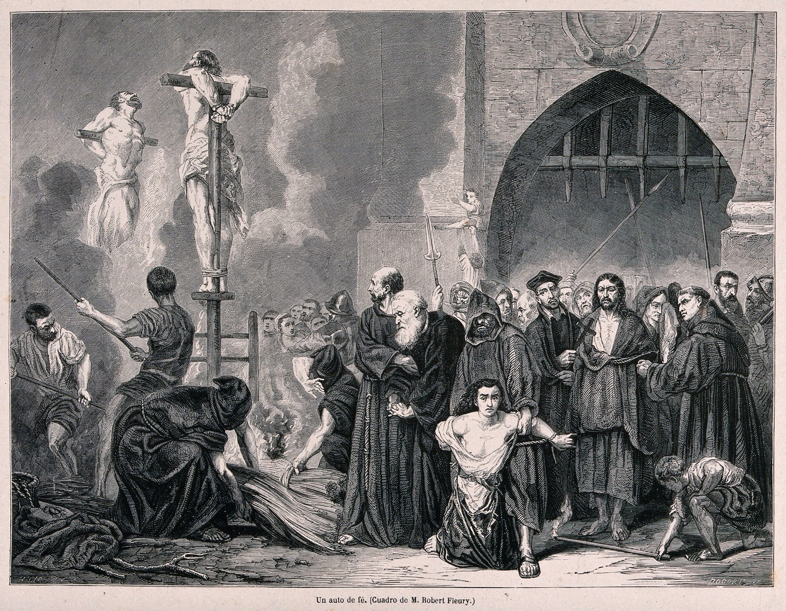 An auto-da-fé of the Spanish Inquisition: the burning of heretics in a marketplace. Wood engraving by H.D. Linton after Bocourt after T. Robert-Fleury. (Public domain)