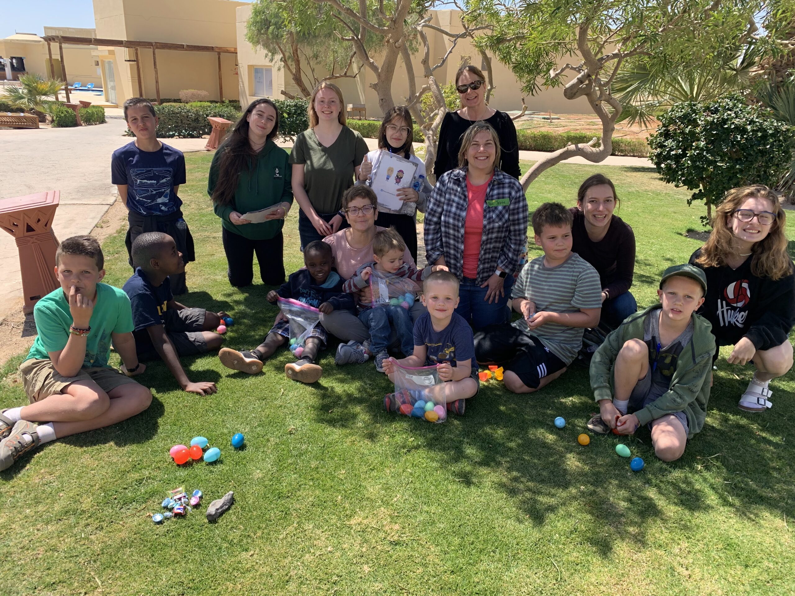 Group leaders and children after the Easter Egg Hunt.