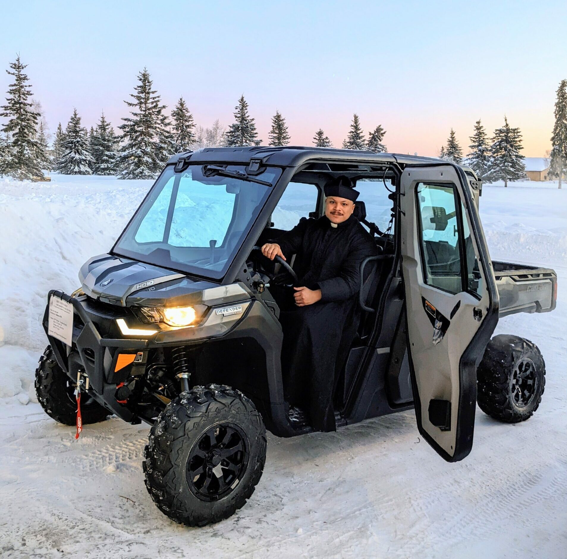 Chaplain Amadeus Gandy driving to Mass in -40 degrees.