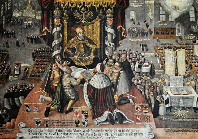 Konfessionsbild, "Presentation of the Augsburg Confession", St. Johannis, Schweinfurt. By MonandowitschDerivative work MagentaGreen - This file was derived from: Johanniskirche 2 001.JPG:, CC BY-SA 3.0