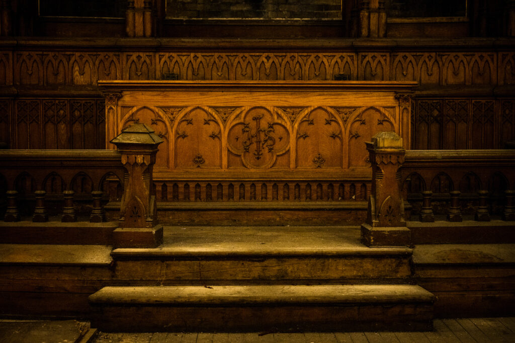 Photographs of the ongoing rebuilding of historic Trinity Evangelical Lutheran Church, Milwaukee, on Monday, Aug. 3, 2020. Pictured is the altar and rail in the chancel area. A four-alarm fire engulfed the building in May 2018. LCMS Communications/Erik M. Lunsford