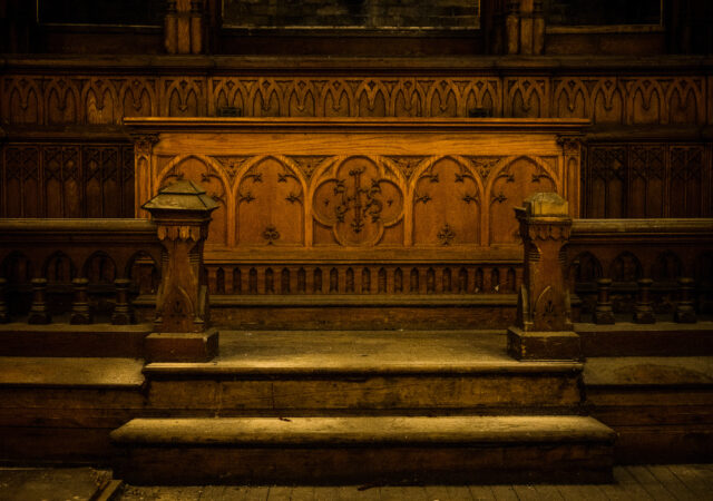 Photographs of the ongoing rebuilding of historic Trinity Evangelical Lutheran Church, Milwaukee, on Monday, Aug. 3, 2020. Pictured is the altar and rail in the chancel area. A four-alarm fire engulfed the building in May 2018. LCMS Communications/Erik M. Lunsford