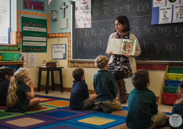 Pre-K teacher Jamie Hernandez reads a Bible story to her students at Memorial Lutheran Church and School on Monday, Feb. 3, 2020, in Houston. LCMS Communications/Erik M. Lunsford