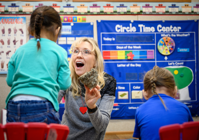 Sheyrl Tietz, teacher and director, Jesus Our Savior Preschool, Winnebago, Nebraska teaches indigenous children about the love of Jesus, January 11, 2023. LCMS Communications/Erik M. Lunsford