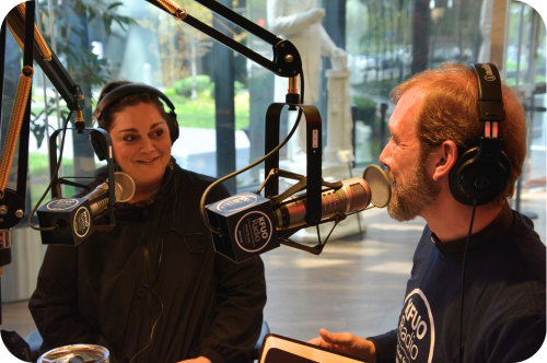 Erin Bode chats with Rev. Doug Griebenaw during Sharathon 2023.