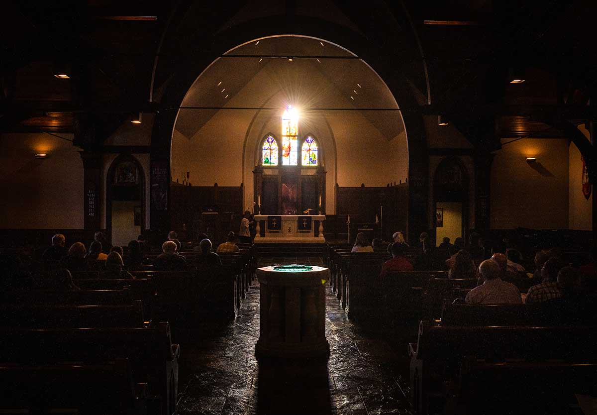 Sunlight streams through the stained glass windows above the altar at Risen Savior Lutheran Church before worship on Sunday, March 31, 2019, in Basehor, Kan. LCMS Communications/Erik M. Lunsford